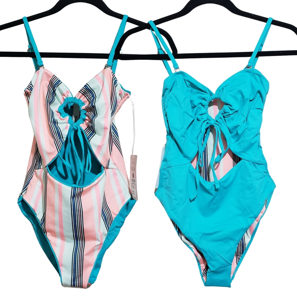 MAAJI Reversible One-piece Swimsuit Tie Front Solid/Stripes Medium NWT